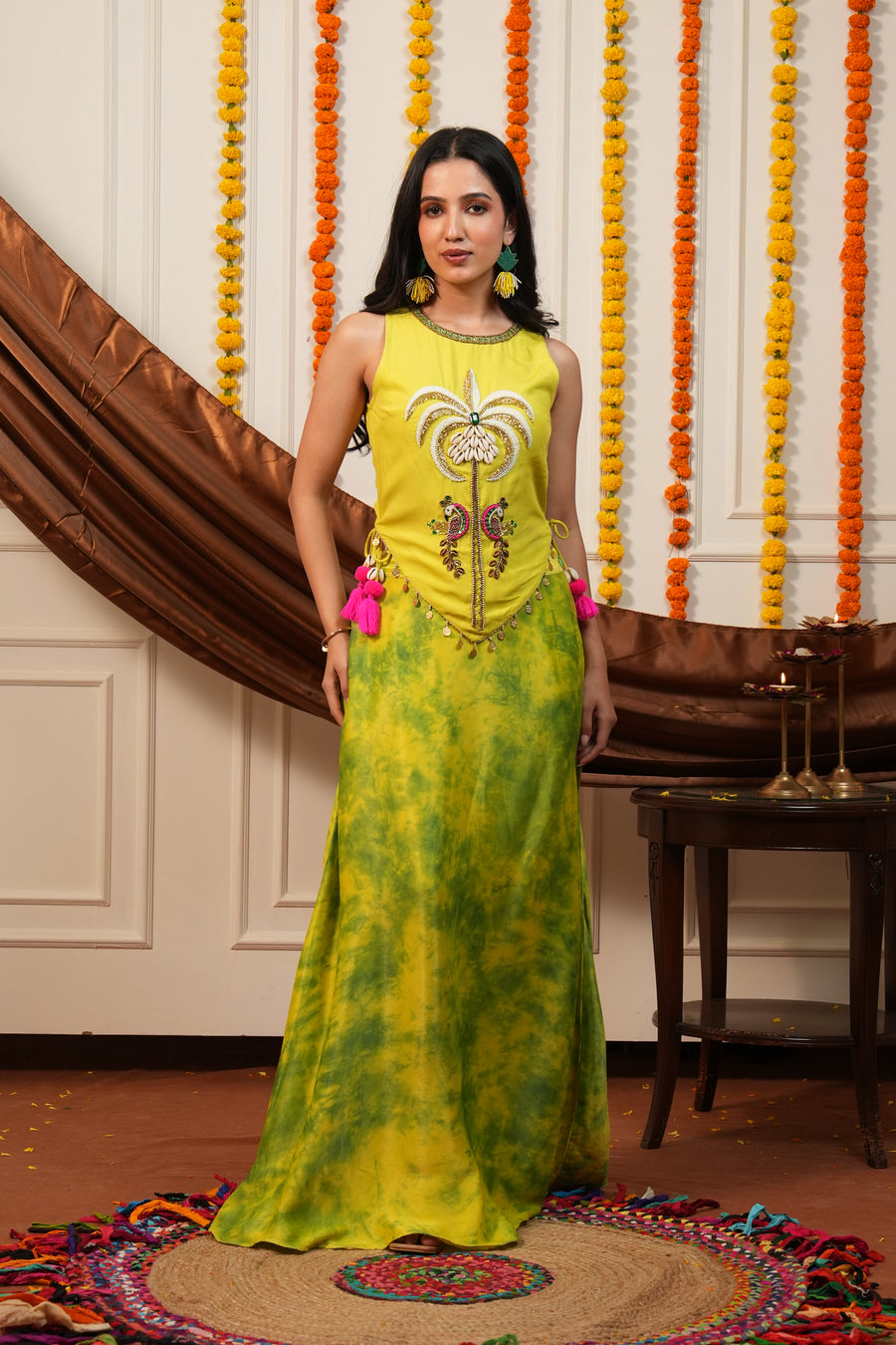 Vanya Yellow Palm Embroidered Top Skirt Set