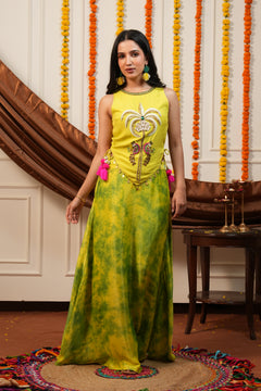 Vanya Yellow Palm Embroidered Top Skirt Set with Potli
