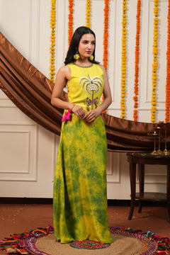 Vanya Yellow Palm Embroidered Top Skirt Set with Potli
