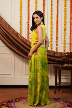 Vanya Yellow Palm Embroidered Top Skirt Set with Potli