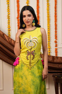 Vanya Yellow Palm Embroidered Top Skirt Set with Potli