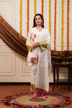 Kamalini White Lotus Embroidered Kurti Pant Set