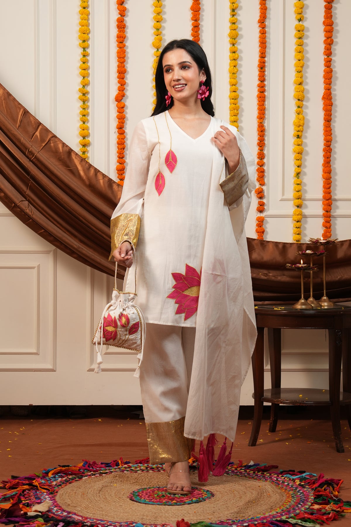 Kamalini White Lotus Embroidered Kurti Pant Set with Potli