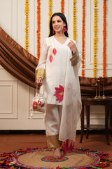 Kamalini White Lotus Embroidered Kurti Pant Set with Potli