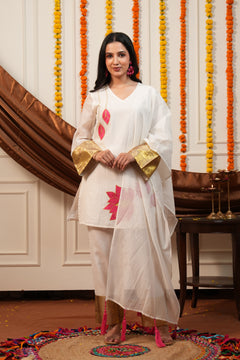 Kamalini White Lotus Embroidered Kurti Pant Set