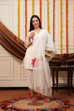 Kamalini White Lotus Embroidered Kurti Pant Set