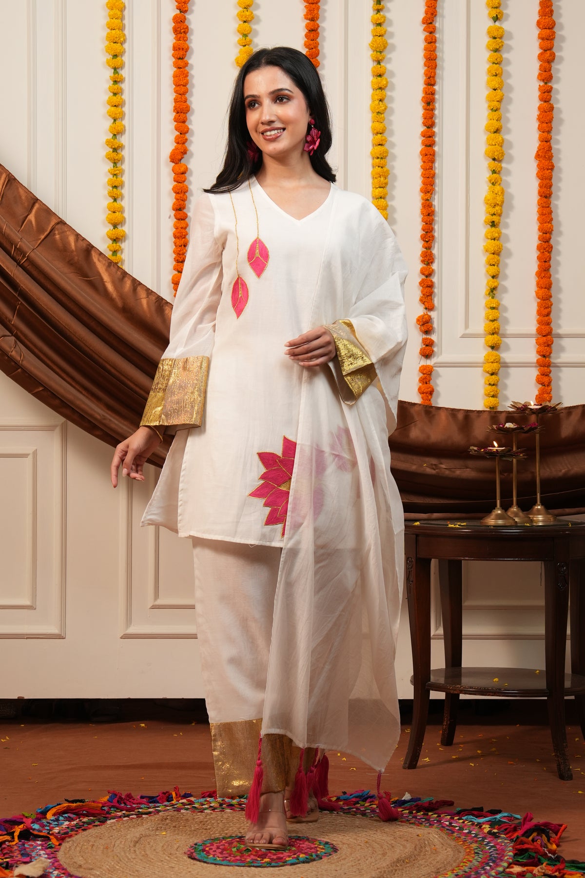 Kamalini White Lotus Embroidered Kurti Pant Set