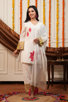 Kamalini White Lotus Embroidered Kurti Pant Set