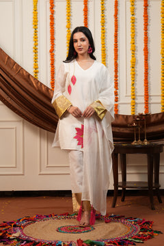 Kamalini White Lotus Embroidered Kurti Pant Set