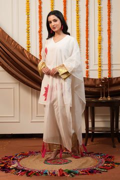 Kamalini White Lotus Embroidered Kurti Pant Set