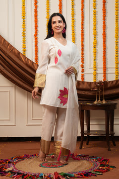 Kamalini White Lotus Embroidered Kurti Pant Set