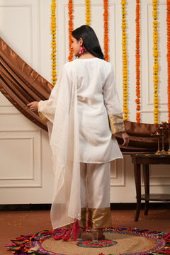 Kamalini White Lotus Embroidered Kurti Pant Set