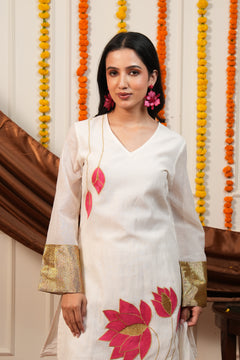Kamalini White Lotus Embroidered Kurti Pant Set