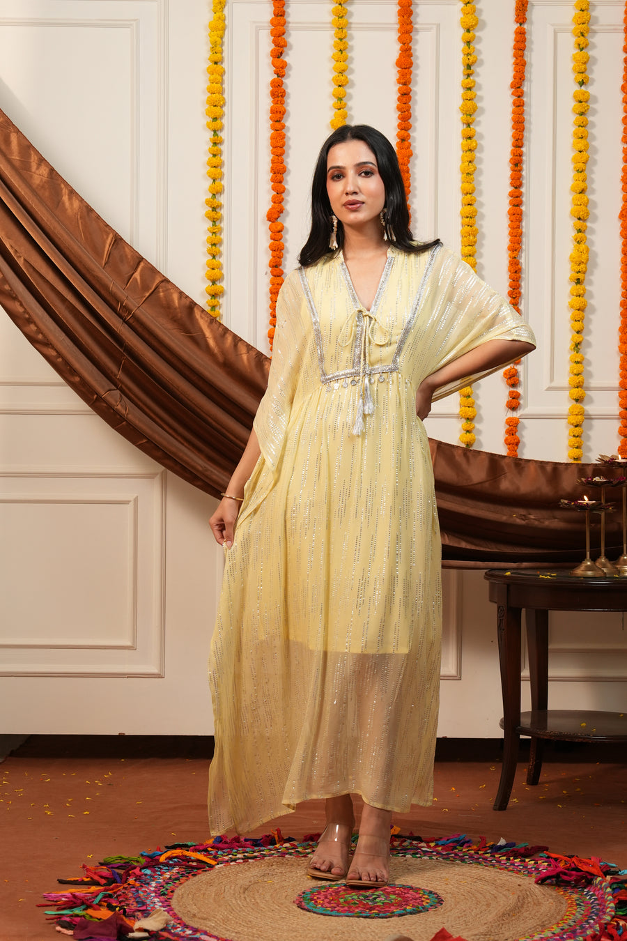 Sunlit Yellow Silver Lurex Kaftan Dress