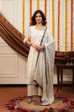 Ivory Sparkle Off-White Viscose Lurex Collared Kurta Set with Straight Pants & Dupatta