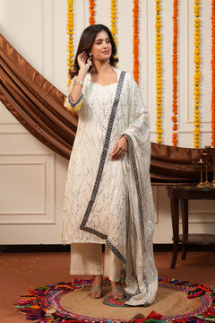 Ivory Sparkle Off-White Viscose Lurex Collared Kurta Set with Straight Pants & Dupatta