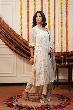 Ivory Sparkle Off-White Viscose Lurex Collared Kurta Set with Straight Pants & Dupatta