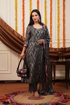 Women's Grey Viscose Lurex Collared Kurta with Straight Pants & Dupatta Set