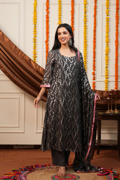Women's Grey Viscose Lurex Collared Kurta with Straight Pants & Dupatta Set