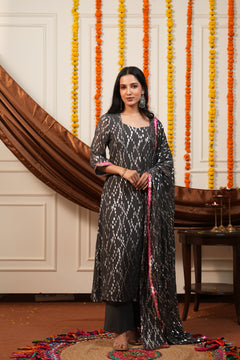 Women's Grey Viscose Lurex Collared Kurta with Straight Pants & Dupatta Set