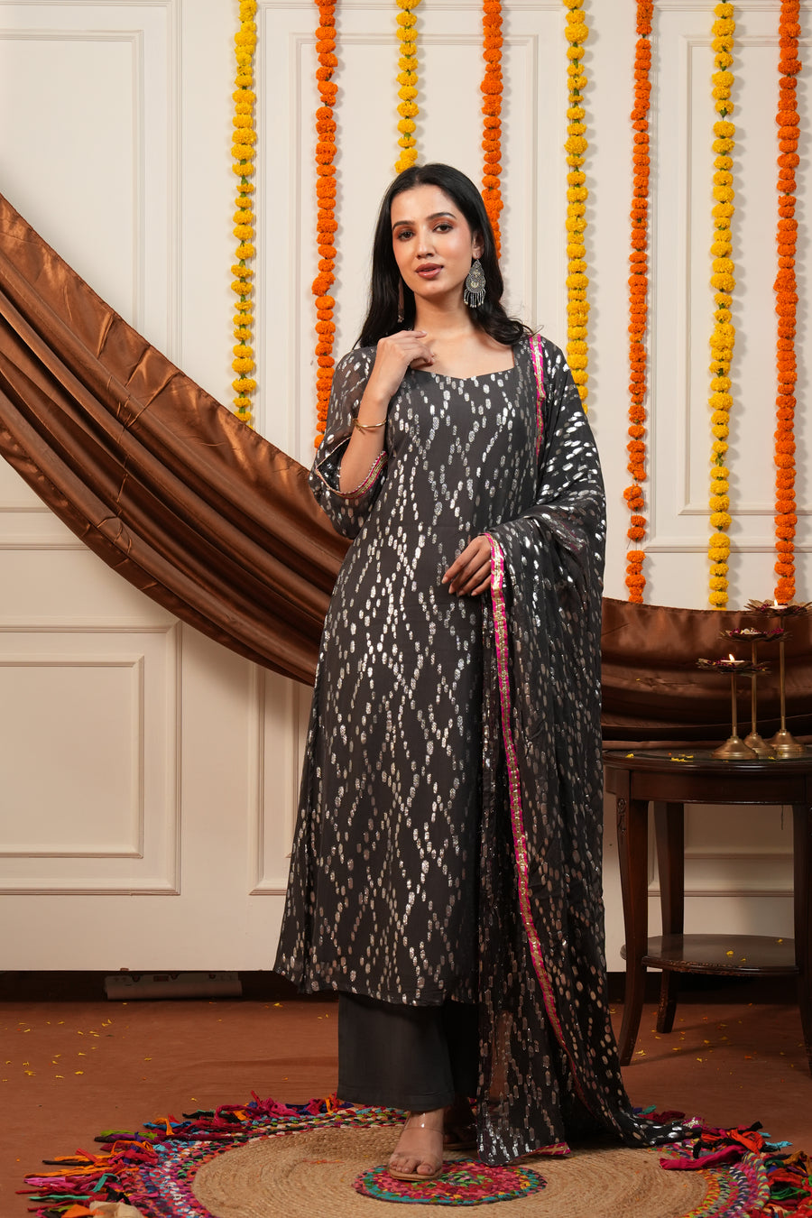 Women's Grey Viscose Lurex Collared Kurta with Straight Pants & Dupatta Set