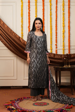Women's Grey Viscose Lurex Collared Kurta with Straight Pants & Dupatta Set