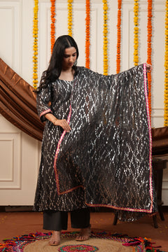 Women's Grey Viscose Lurex Collared Kurta with Straight Pants & Dupatta Set