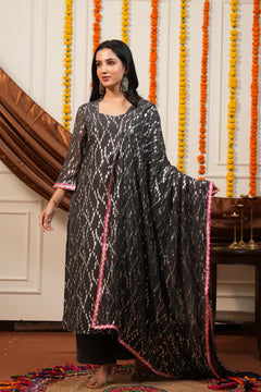 Women's Grey Viscose Lurex Collared Kurta with Straight Pants & Dupatta Set