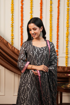 Women's Grey Viscose Lurex Collared Kurta with Straight Pants & Dupatta Set