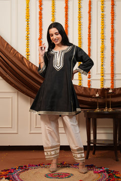 Women Black Ethnic Kurta Set with Gota Lace Detailing