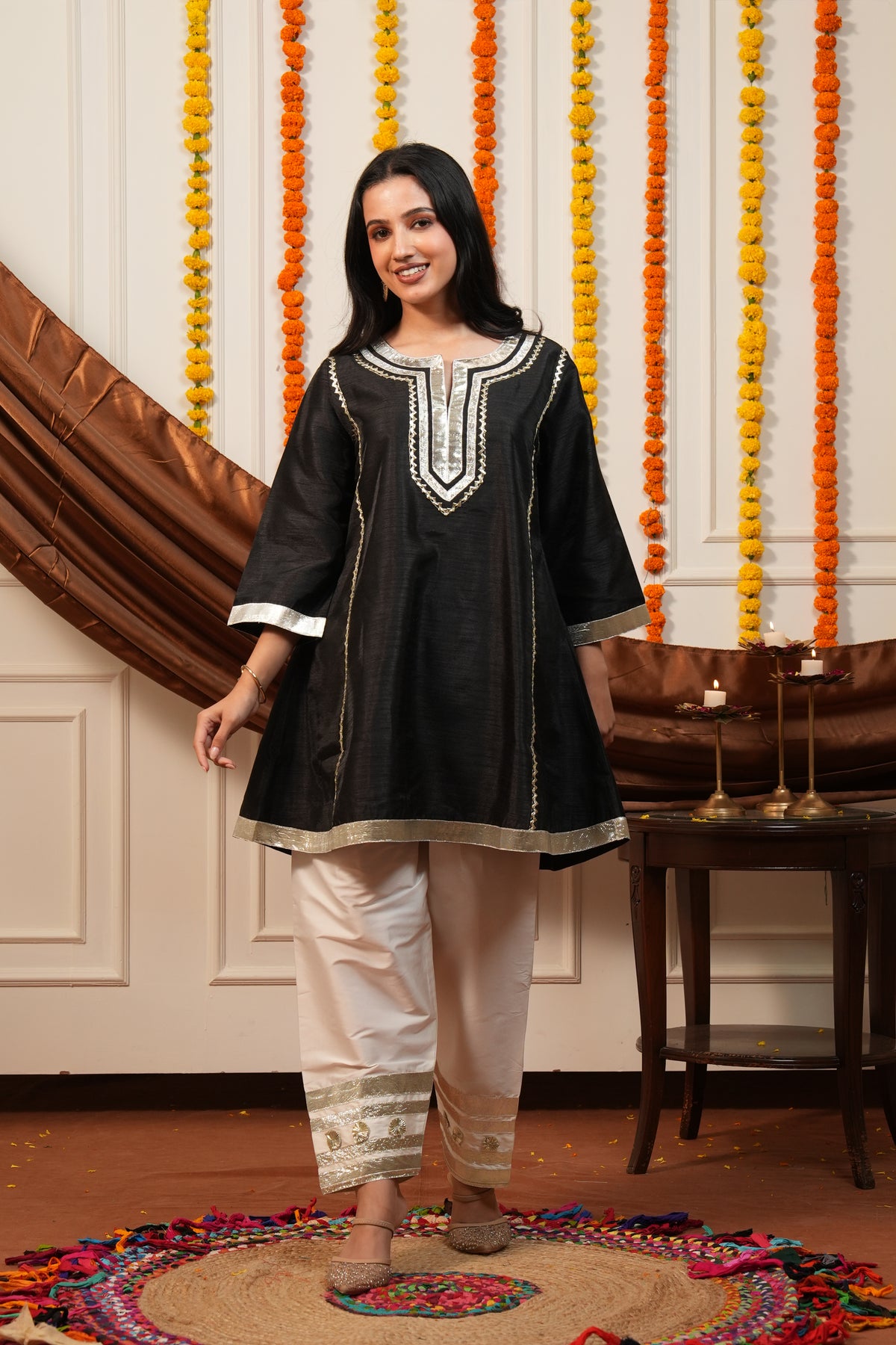 Women Black Ethnic Kurta Set with Gota Lace Detailing
