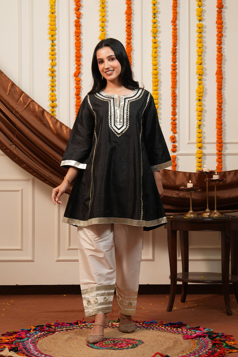 Women Black Ethnic Kurta Set with Gota Lace Detailing