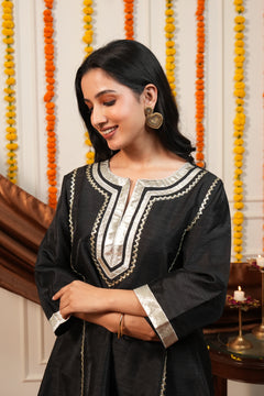 Women Black Ethnic Kurta Set with Gota Lace Detailing