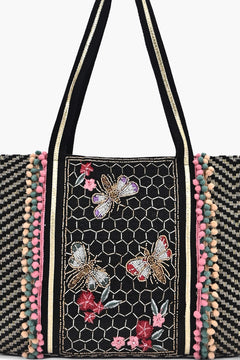 Elara Black Beaded Butterfly Tote Bag