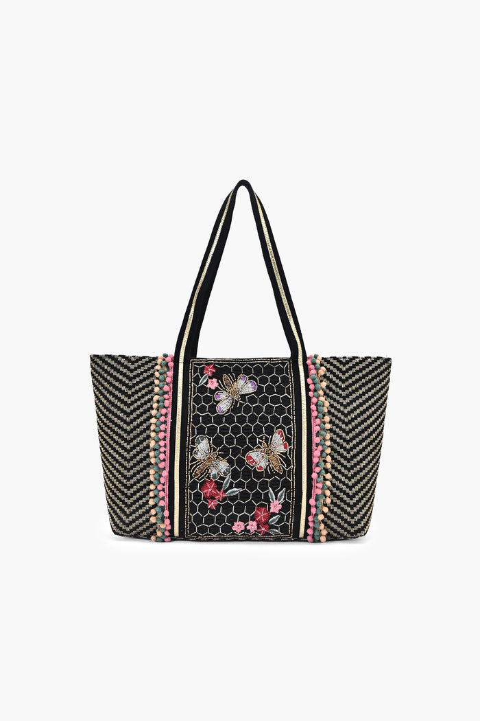Elara Black Beaded Butterfly Tote Bag