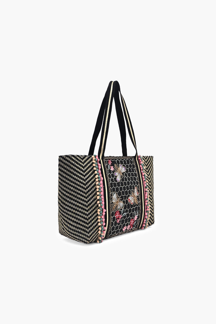 Elara Black Beaded Butterfly Tote Bag