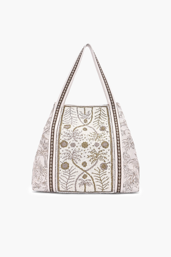 Beaded floral tote bag for women with botanical print
