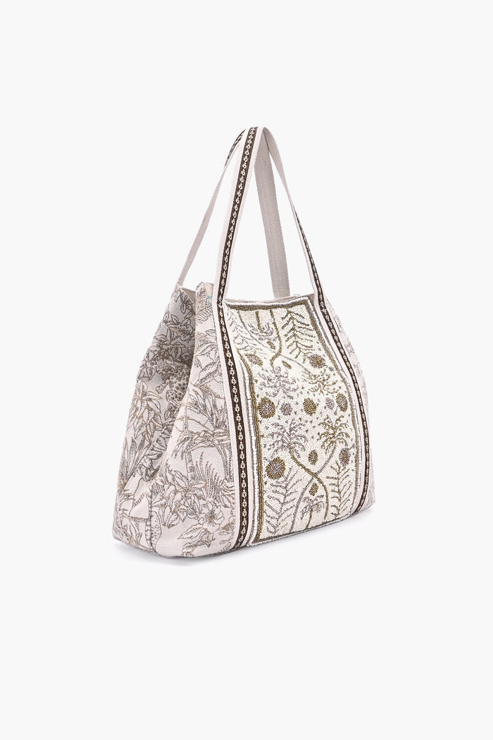 Beaded floral tote bag for women with botanical print