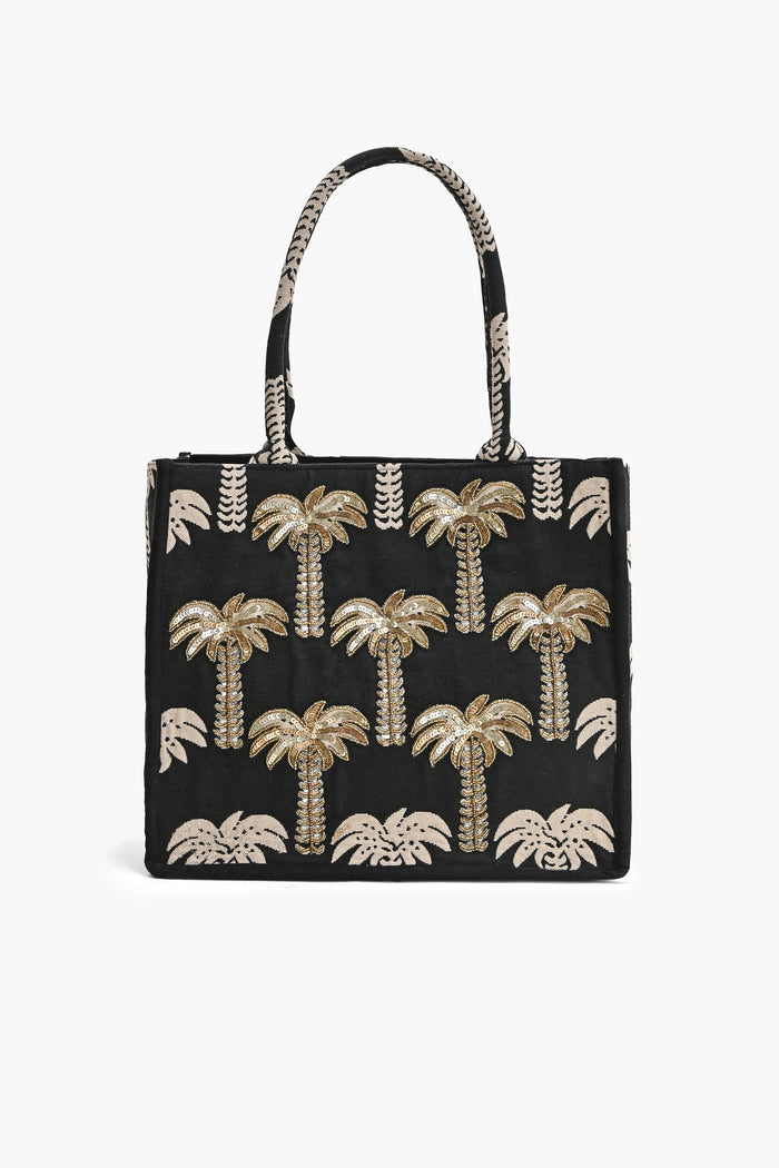 Golden Palm Sequin Embroidered Canvas Tote Bag