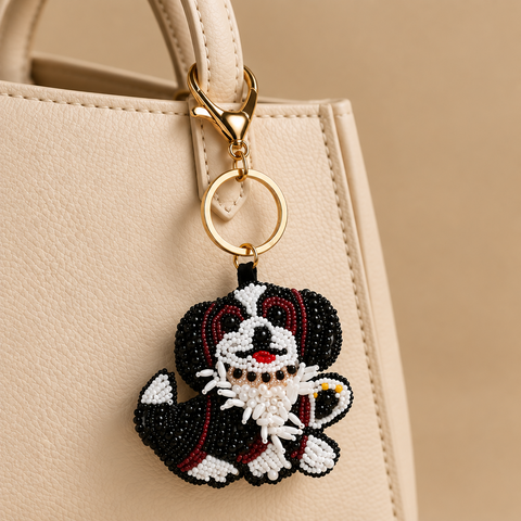 Bella black and white beaded dog keychain with red nose on a gold stand