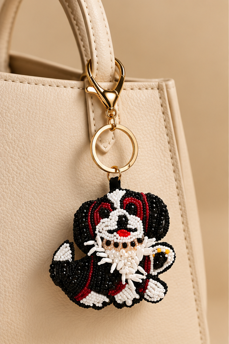 Bella black and white beaded dog keychain with red nose on a gold stand