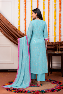 Women Sky Blue Viscose Lurex Collared Kurta with Straight Pants & Dupatta Set