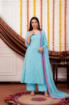 Women Sky Blue Viscose Lurex Collared Kurta with Straight Pants & Dupatta Set