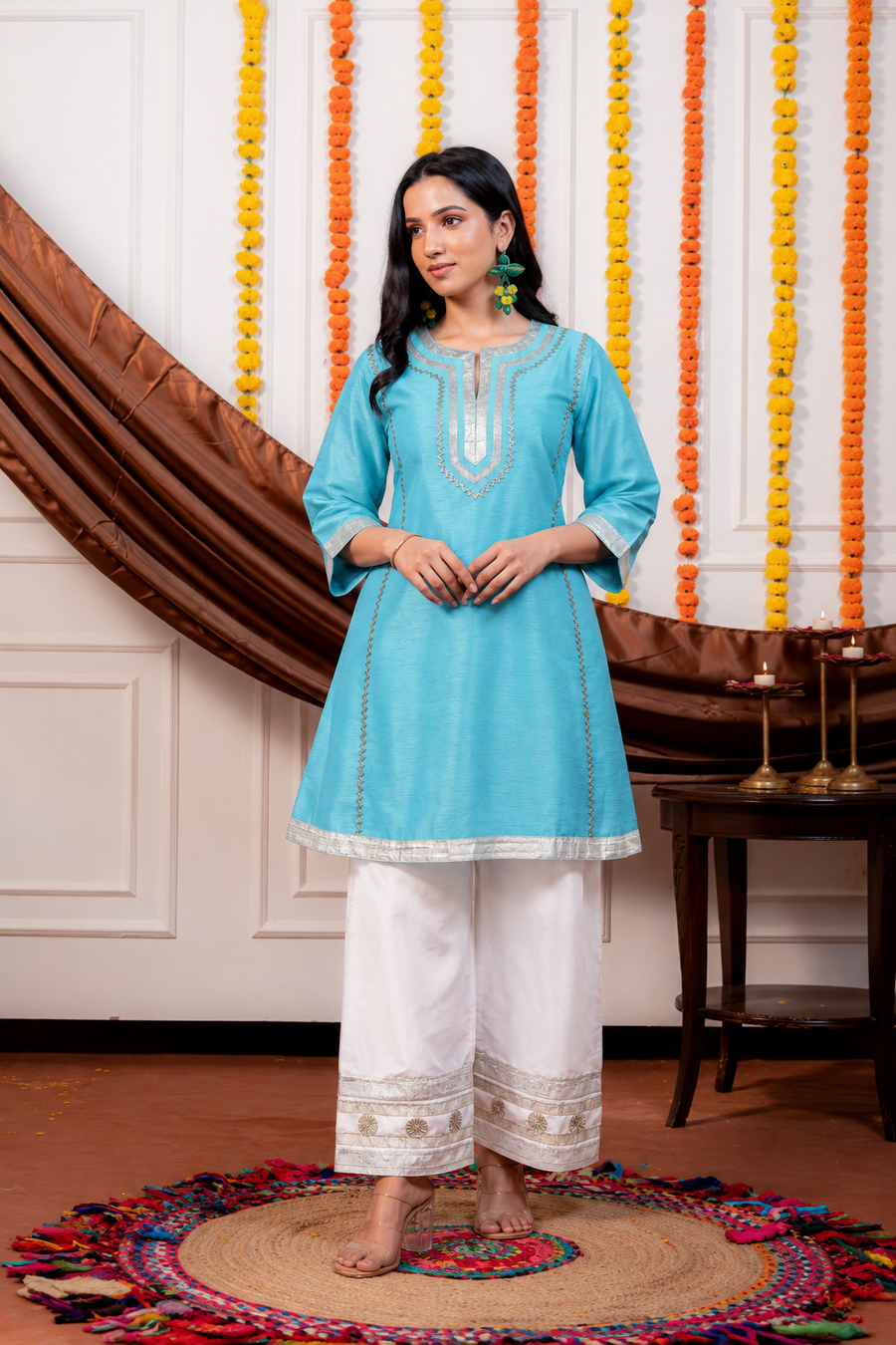 Women Turquoise Blue Dupion Silk Kurta with Off-White Farsi Salwar Set