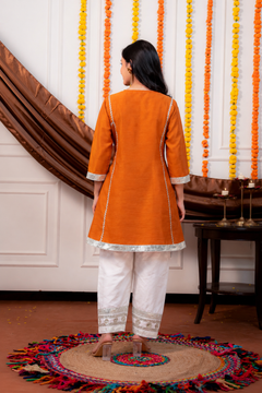 Rust Orange Gota Lace A-Line Kurta with White Embellished Pant Set