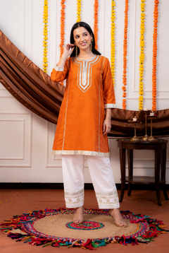 Rust Orange Gota Lace A-Line Kurta with White Embellished Pant Set