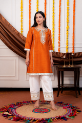Rust Orange Gota Lace A-Line Kurta with White Embellished Pant Set