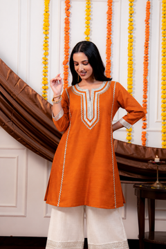 Rust Orange Gota Lace A-Line Kurta with White Embellished Pant Set