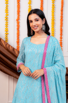 Women Sky Blue Viscose Lurex Collared Kurta with Straight Pants & Dupatta Set
