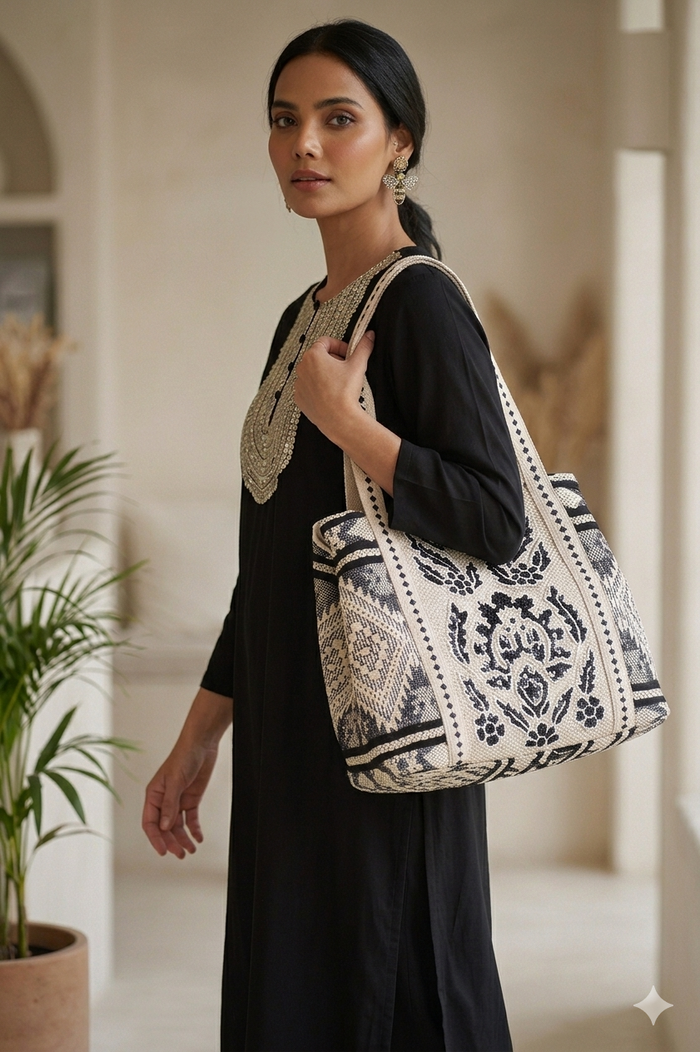 Hand-Beaded Embroidery Tote Bag - Aztec Print (Black)